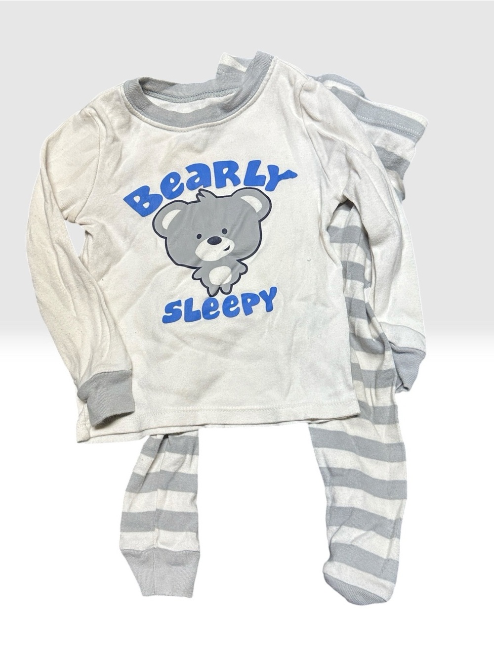 Bearly Sleepy Gray Kids Pajama Set - Long Sleeve Top & Striped Pants